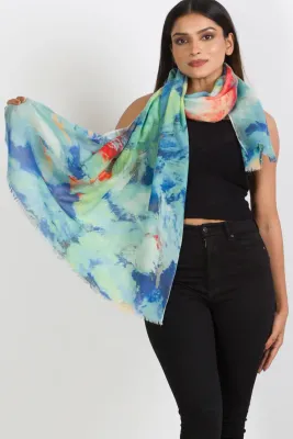 Reena Sky Blue &amp; Coral Wool Shawl 92.15