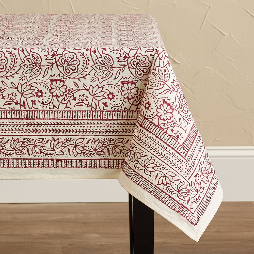 Cranberry Vine Block Print Tablecloth
