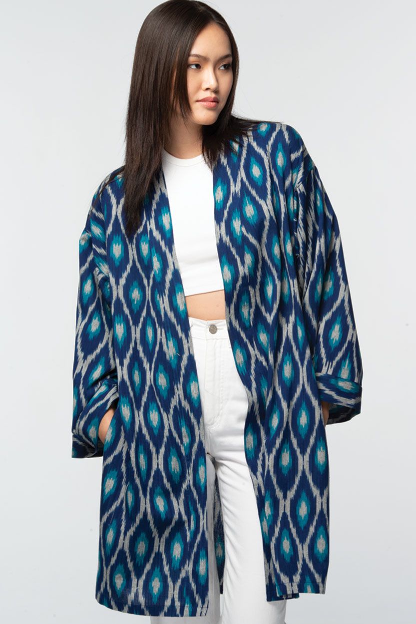 Ikat Handloom Kimono Navy &amp; Turquoise