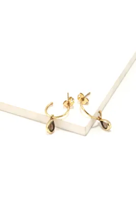 Luxe Brass Pendant Hoops - Smokey Quartz