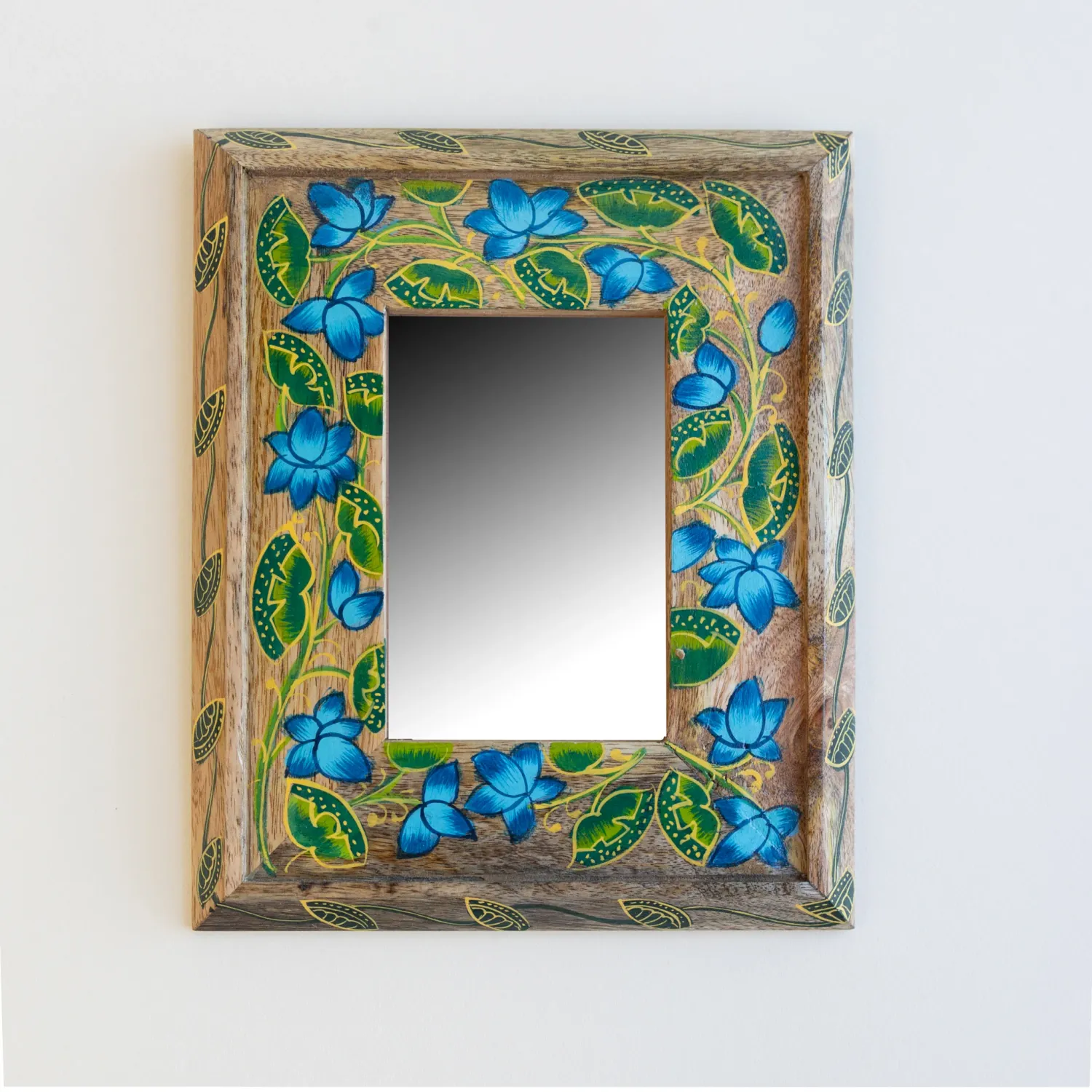 Khush Handpainted Mango Wood Mirror 8x10- Natural Blue