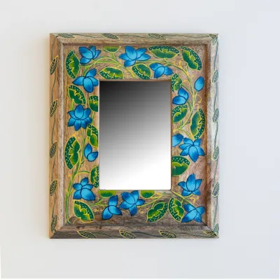 Khush Handpainted Mango Wood Mirror 8x10- Natural Blue