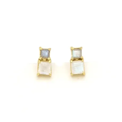 Stacked Box Stone Stud Earrings
