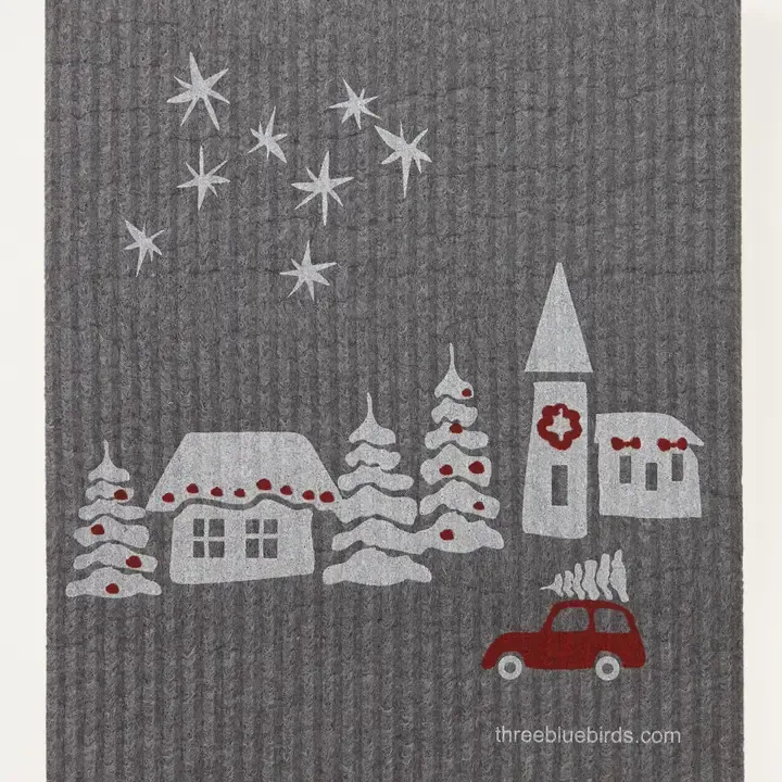 Christmas Village On Graphite Swedish Dishcloth
