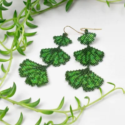 3Tier Ginkgo Leaf - Glass Bead Earrings