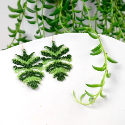 Monstera Palm Leaf - Glass Bead Earrings