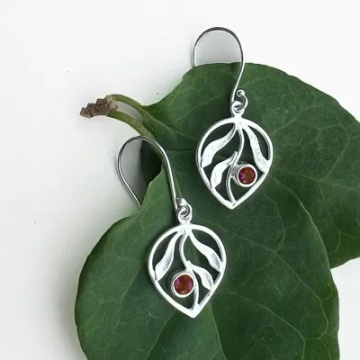 Whispering Leaf Earrings - Garnet &amp; Sterling