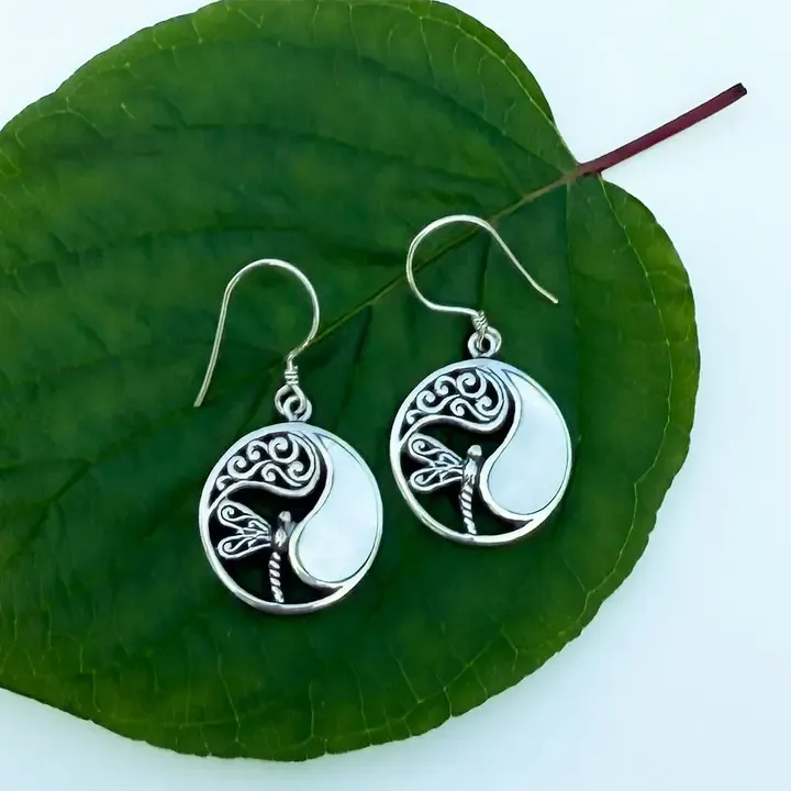 Mother-of-Pearl Dragonfly Circle Earrings - sterling