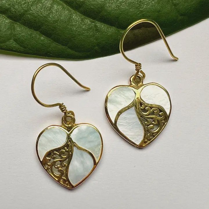 Mother-Of-Pearl Heart Brass Earrings