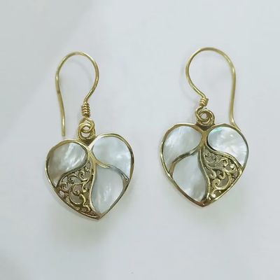 Mother-Of-Pearl Heart Brass Earrings
