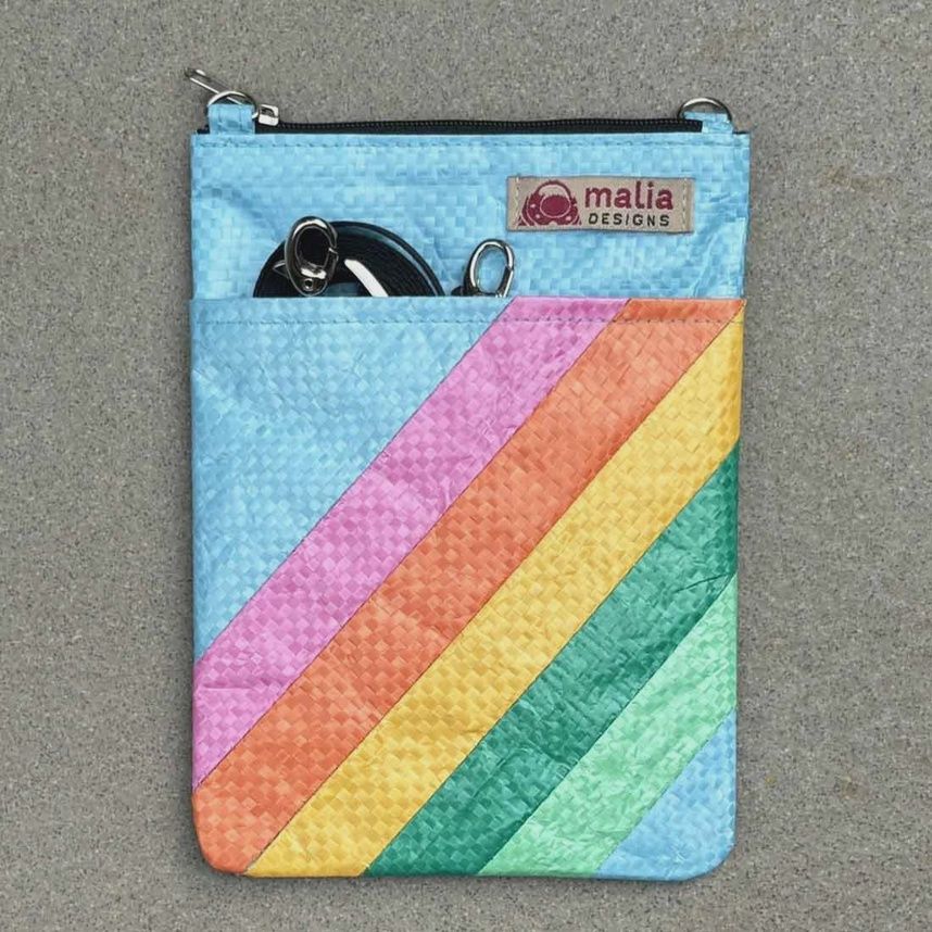 Mini Recycled Phone Crossbody Bag - Rainbow Stripes, Color: Blue Background