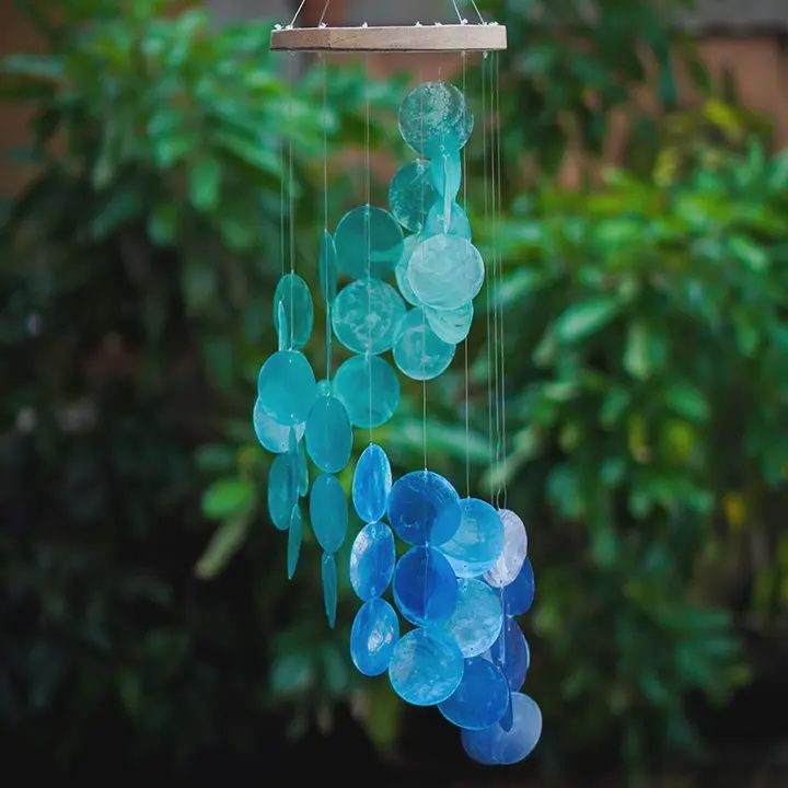 Capiz Chime Spiral Wood Top, Color: Blue Water