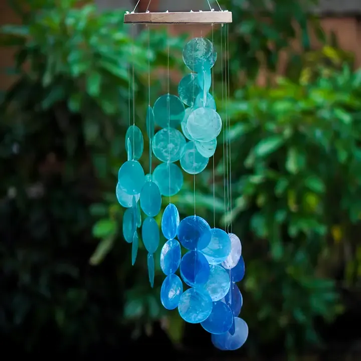 Capiz Chime Spiral Wood Top, Color: Blue Water