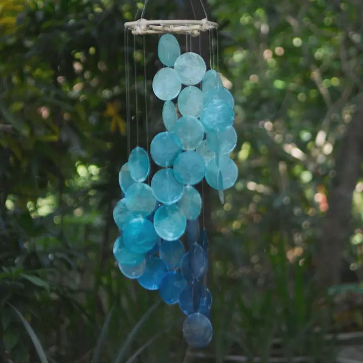Capiz Chime Spiral Rattan Top, Color: Blue Water