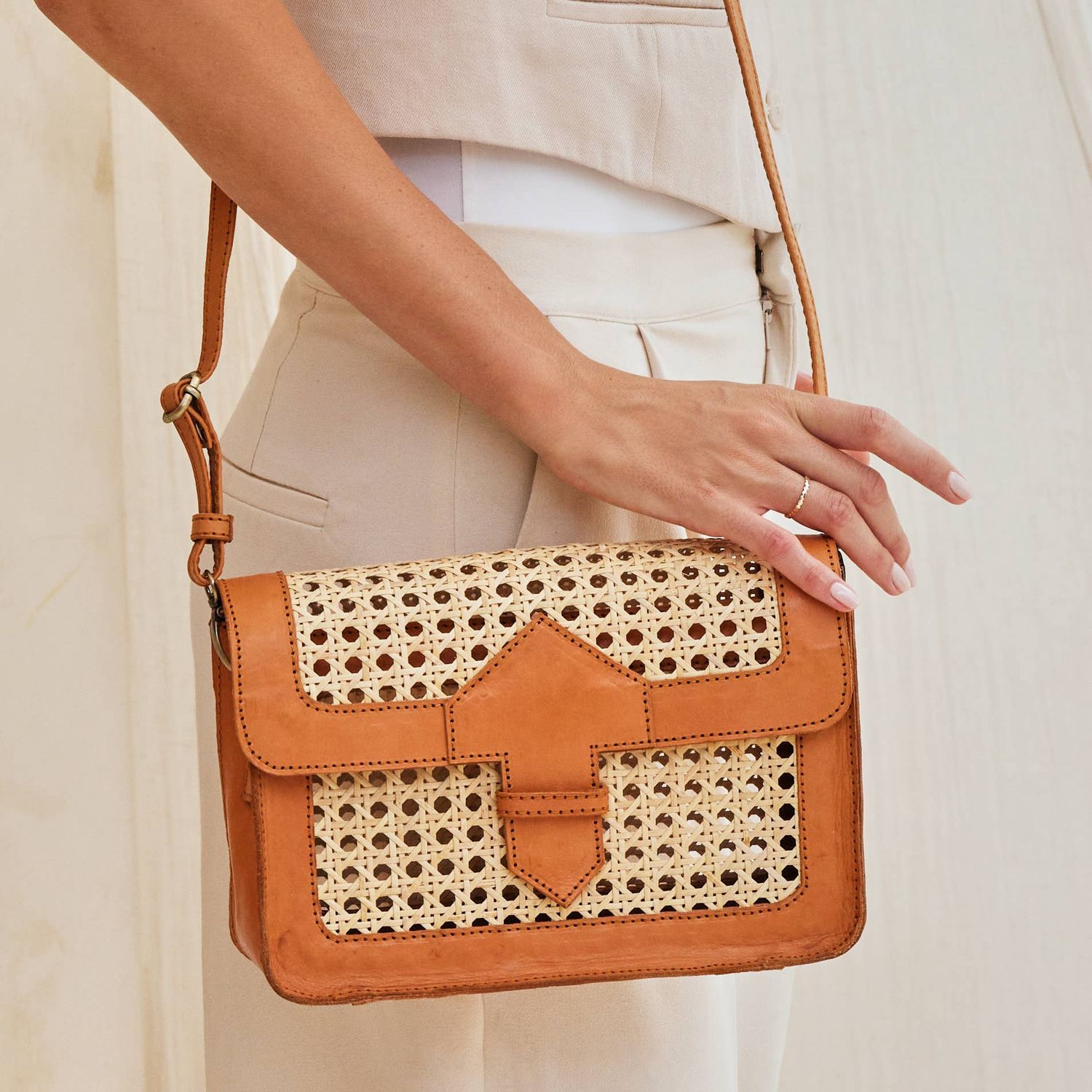 Rattan Cane Weave Convertible Clutch with Leather Trim