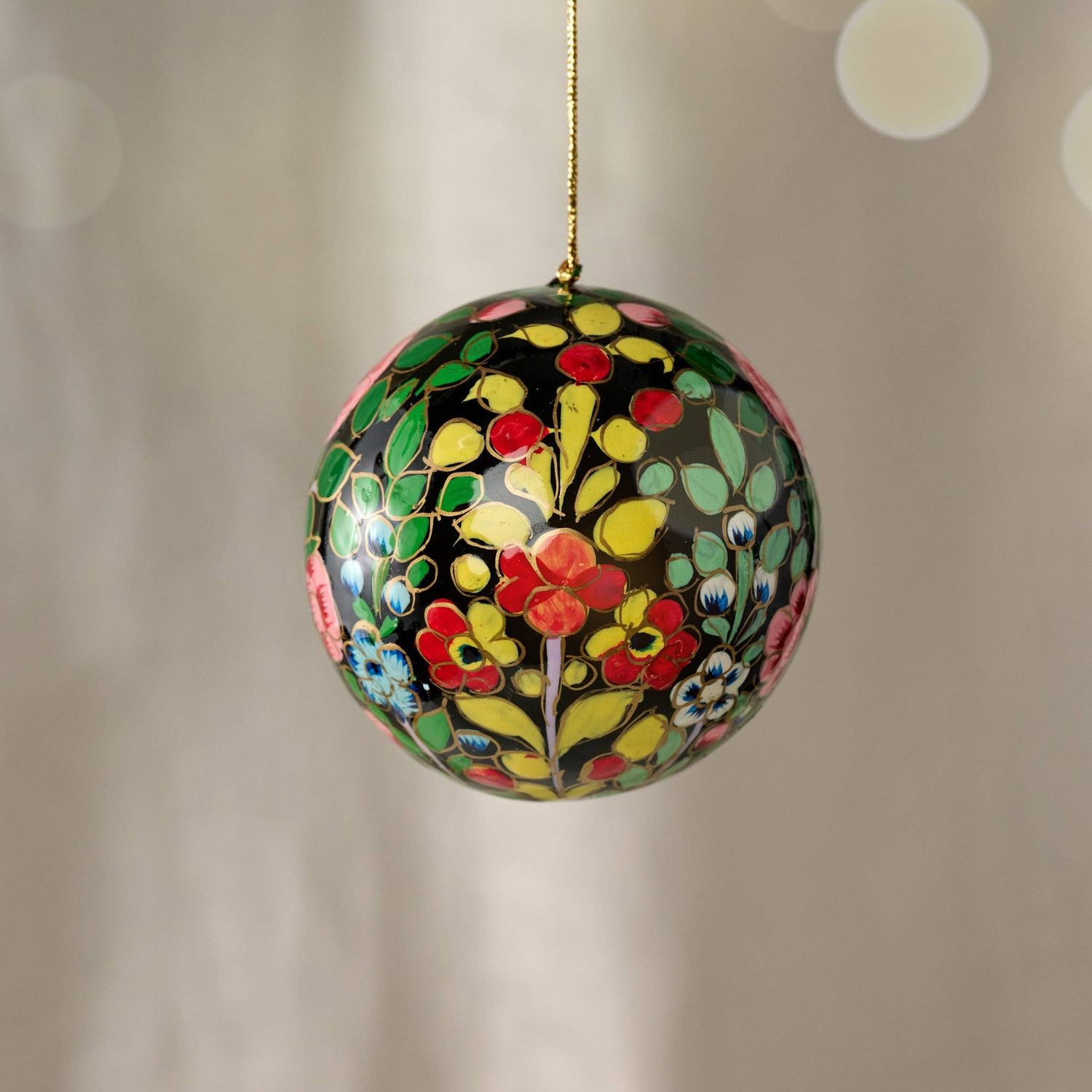Ameer Paper Mache Ball Ornament - Floral on Dark