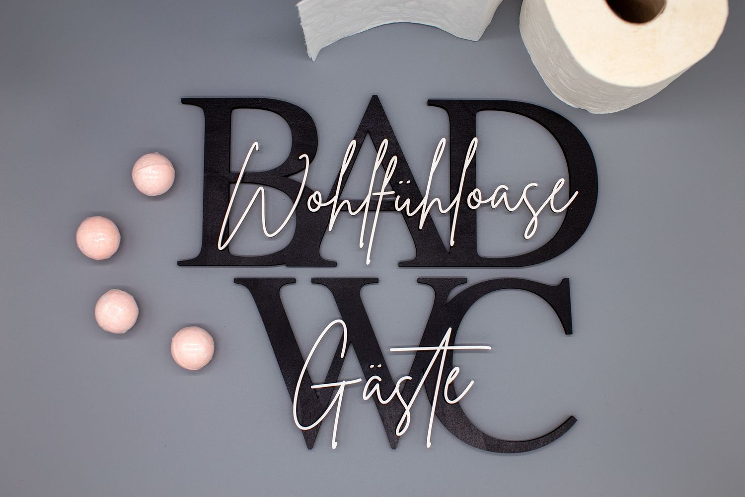 Schriftzug aus Holz Gäste WC/Bad Wohlfühloase
