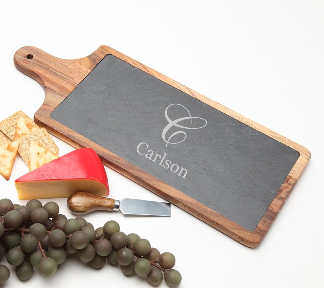 Personalized Cheese Board Slate and Acacia Wood 17 x 7 DESIGN 3