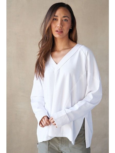 White Raw Edge V-Neck Long Sleeve Top