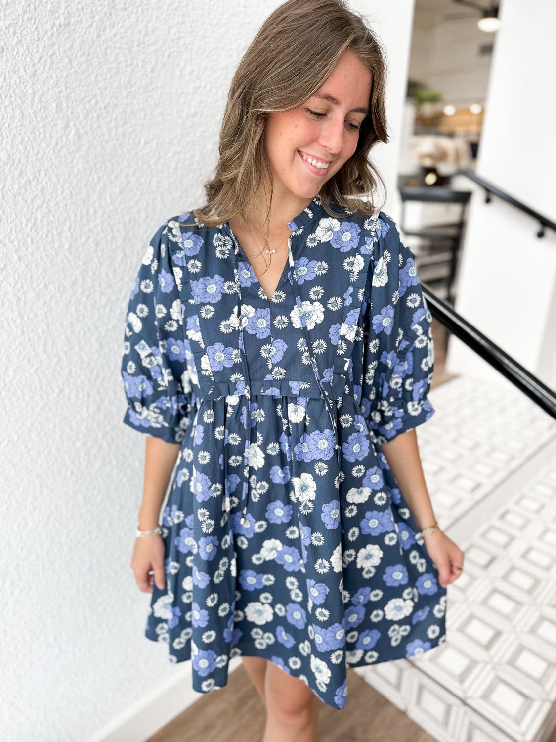 Navy Floral Print Mini Dress