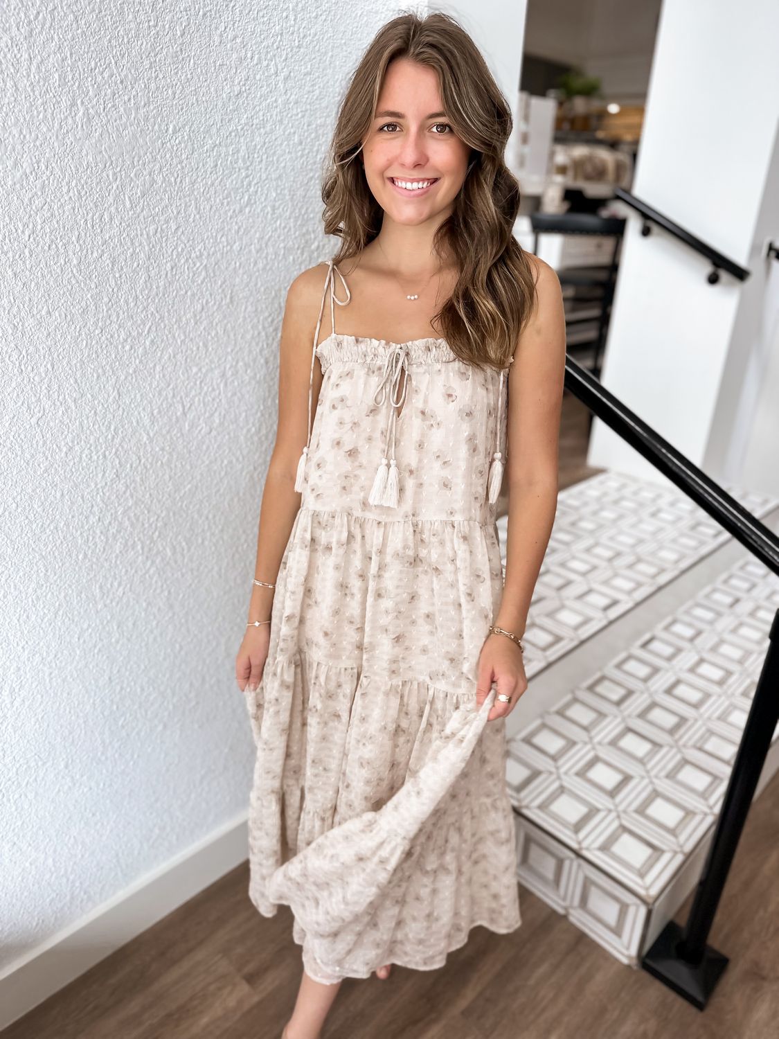 Taupe Floral Tiered Midi Dress