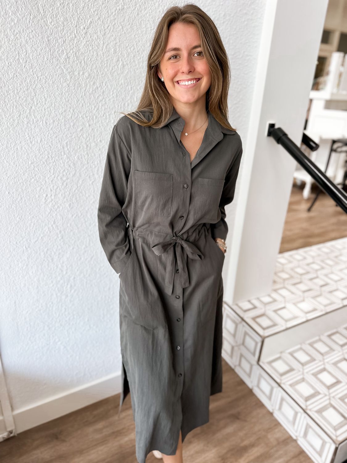 Charcoal Textured Belted Shirt Dress
