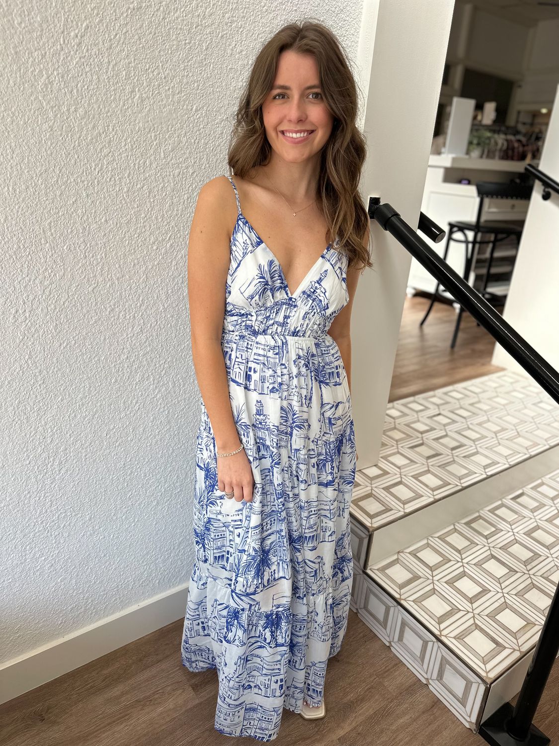 Santorini Coastal Sketch Maxi Dress