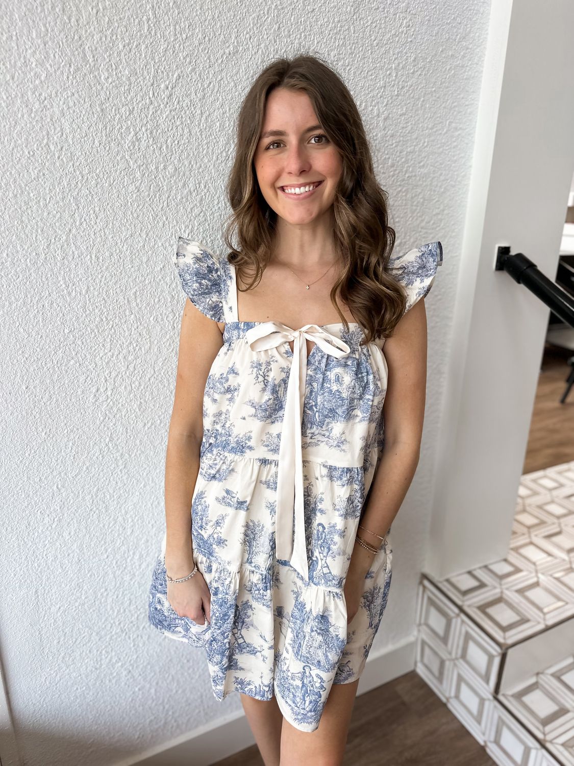 Blue Toile Ruffle Mini Dress
