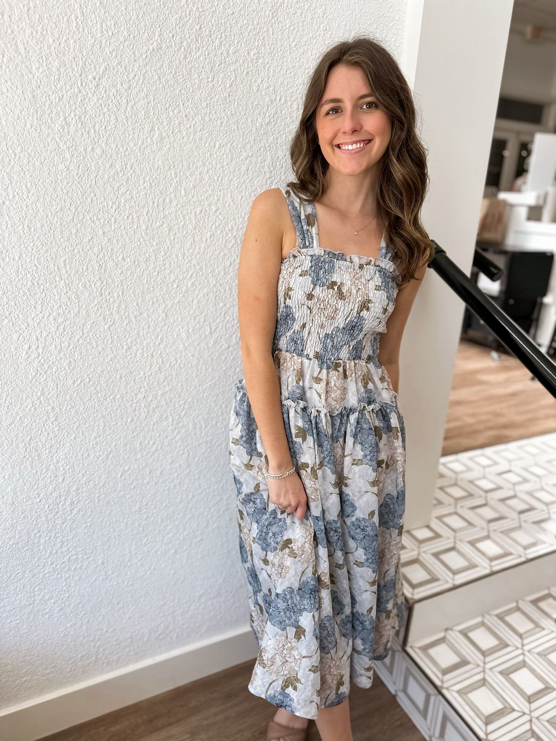 Blue Peony Smocked Midi Dress
