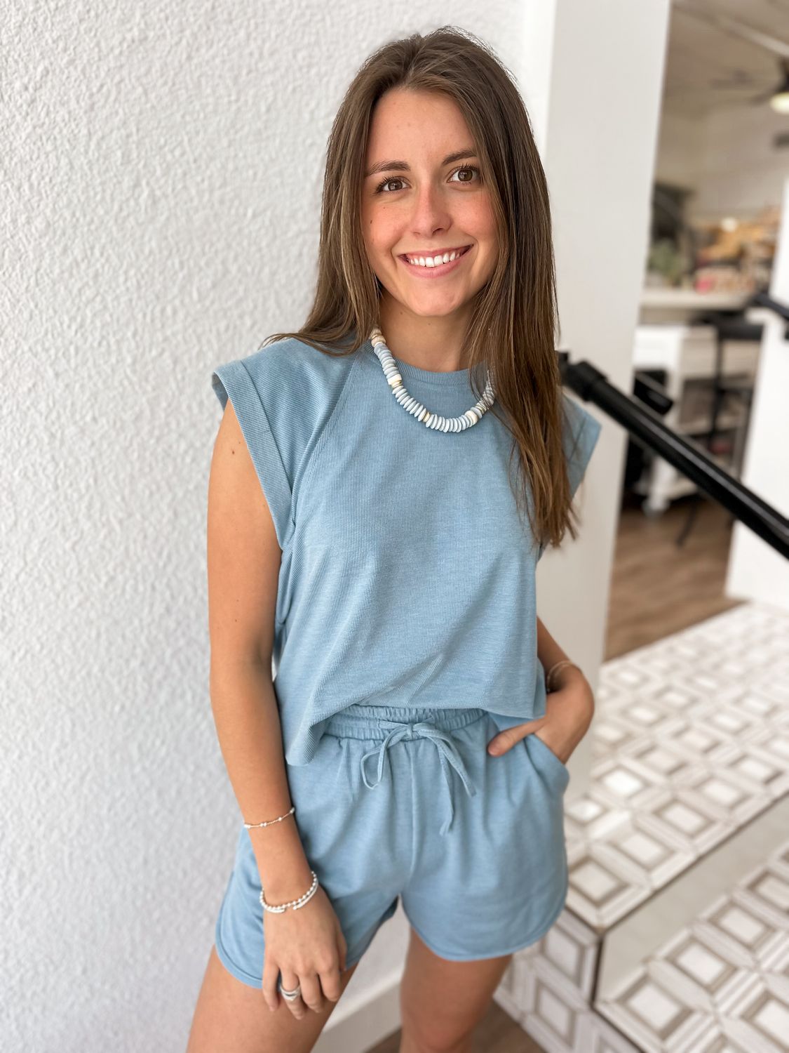 Blue Sightseeing Cuff Sleeve Top