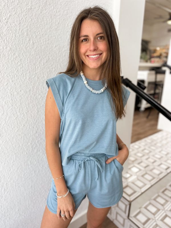 Blue Sightseeing Cuff Sleeve Top
