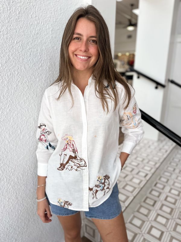 White Rodeo Cowgirl Embroidered Top