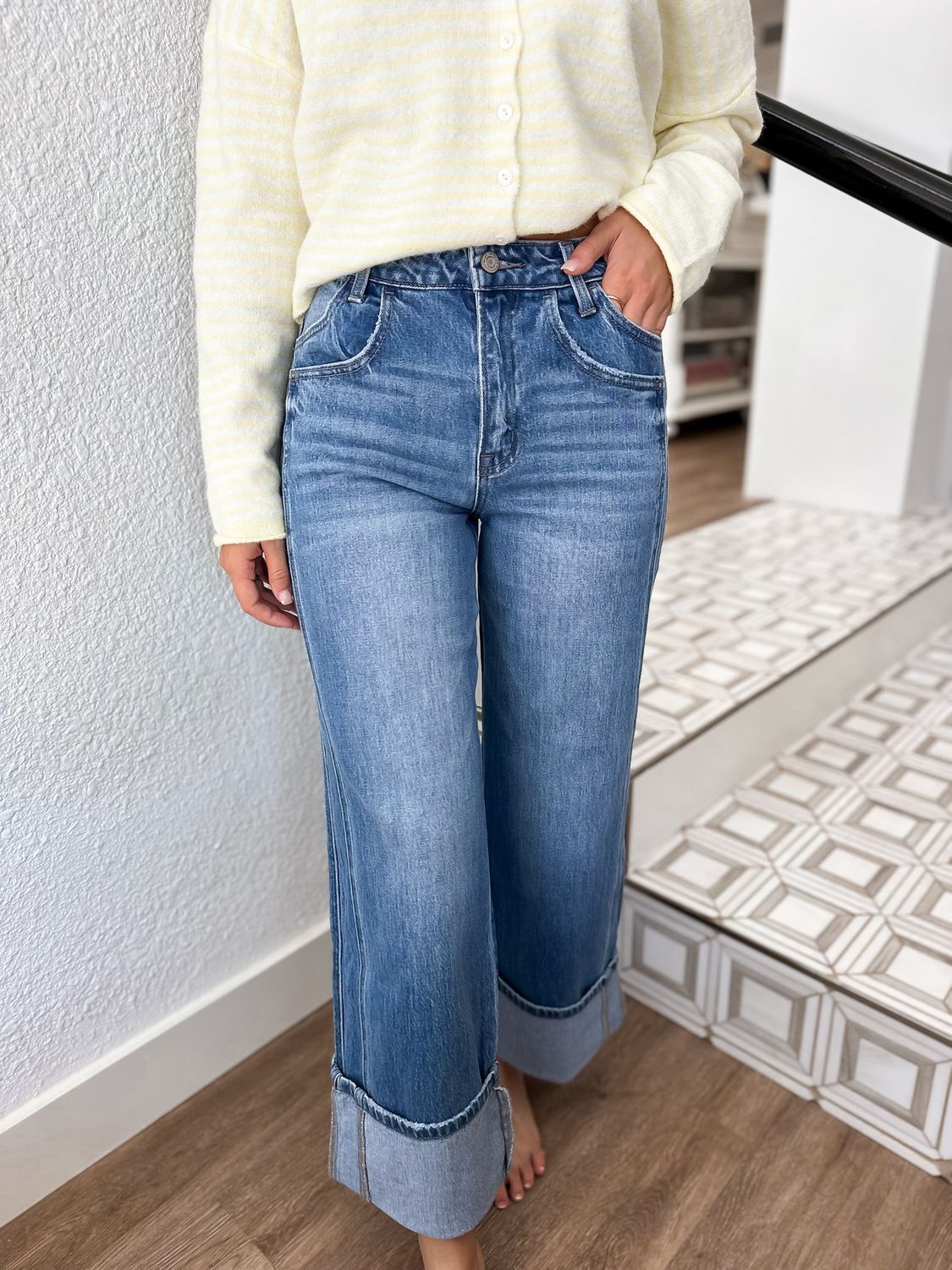 Shine - High Rise Cuffed Panel Baggy Wide Leg Jeans