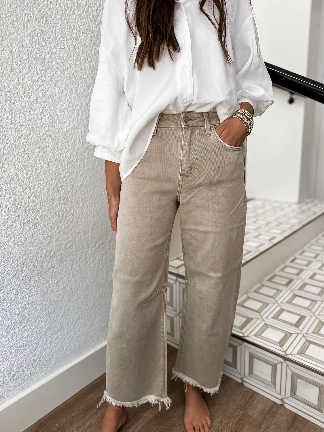 Cinder - Super High Rise Frayed Hem Wide Barrel Jeans