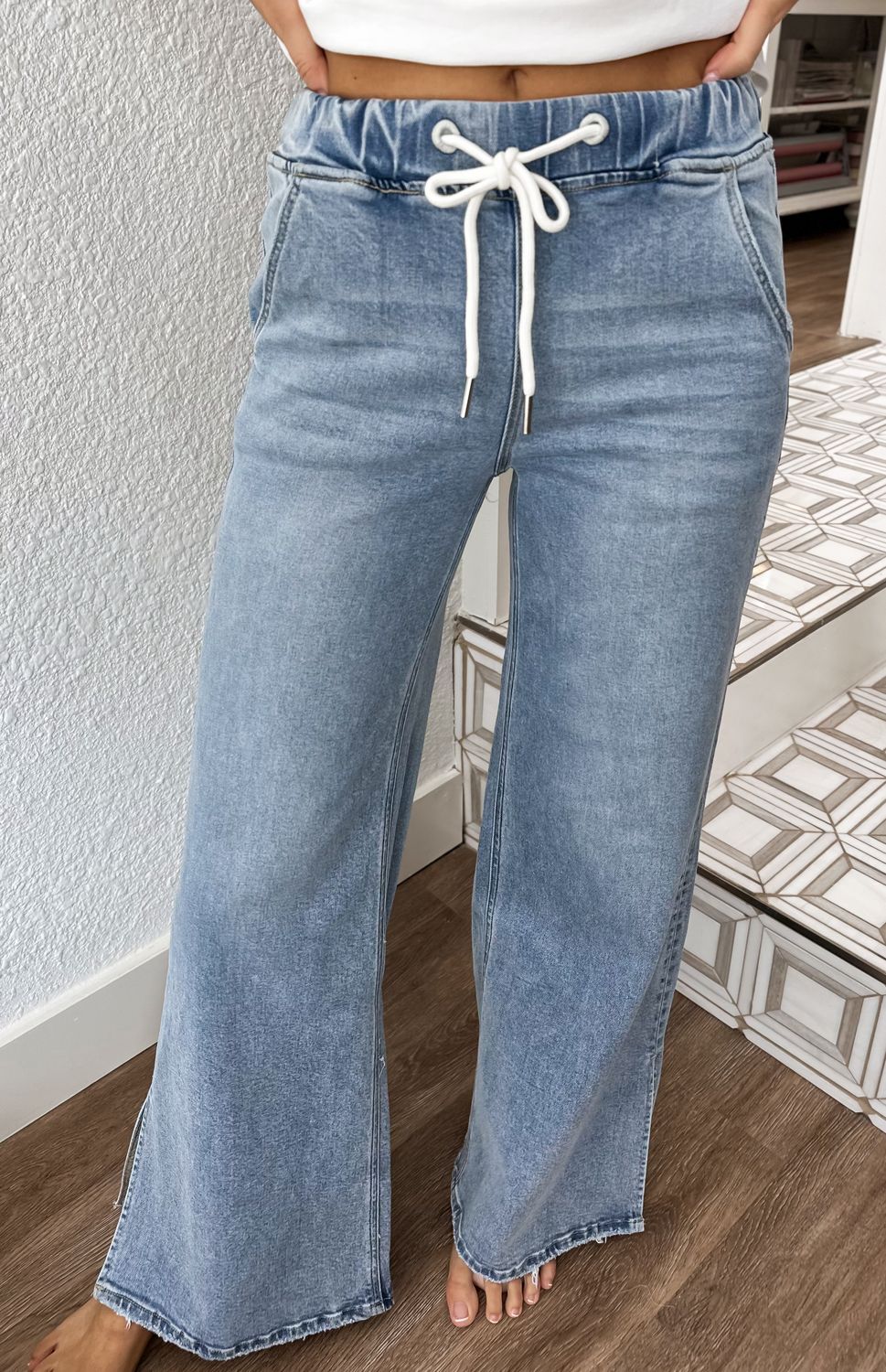 High Rise Drawstring Wide Leg Jeans