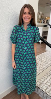 Navy Block Print Midi Dress