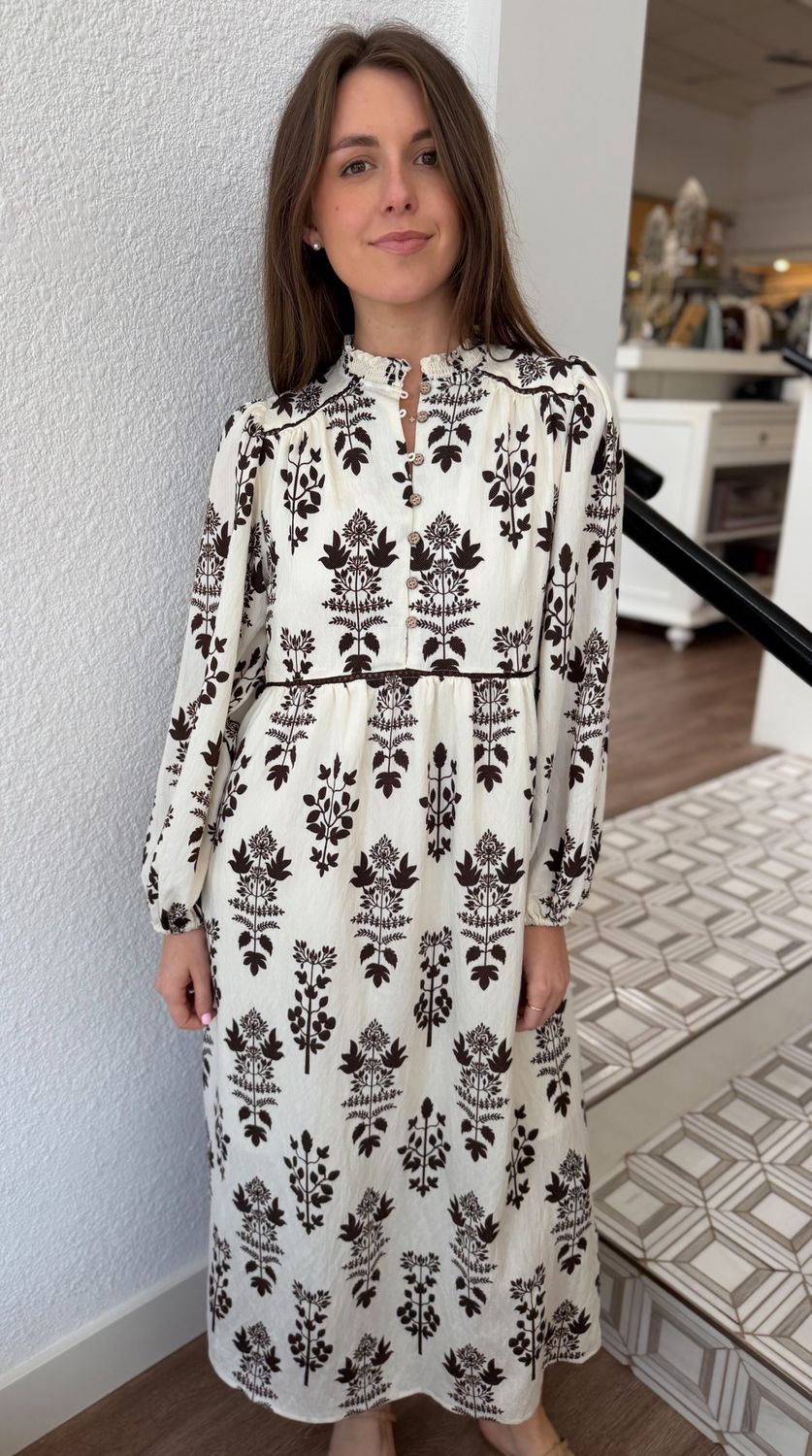 Cream Block Print Midi Dress