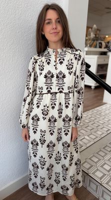 Cream Block Print Midi Dress