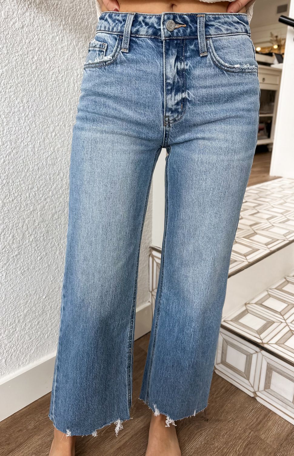 High Rise Distressed Hem Wide Leg Jean