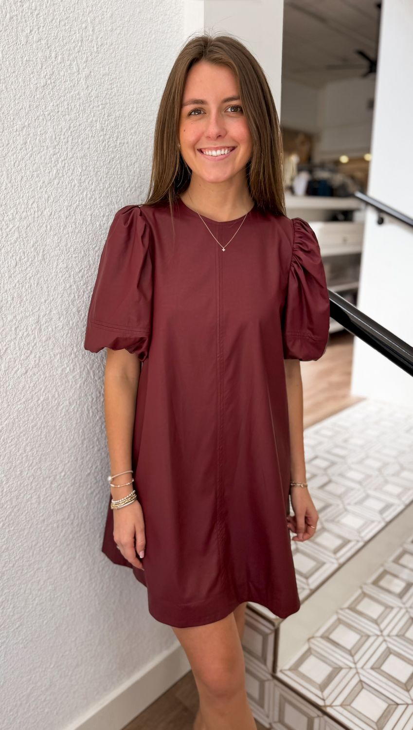 Wine Chandler Puff Sleeve Dress