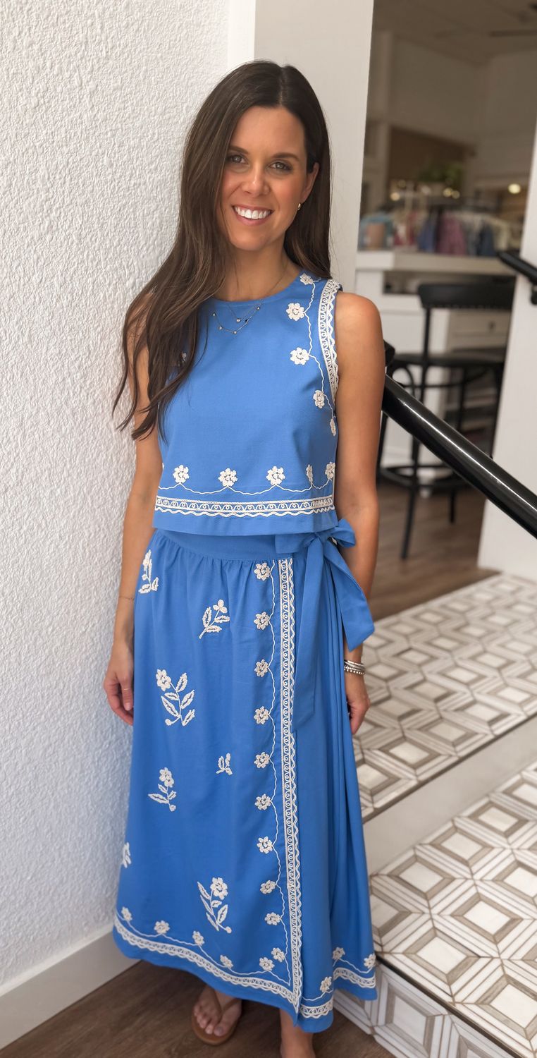 Cornflower Blue Embroidered Midi Skirt Set