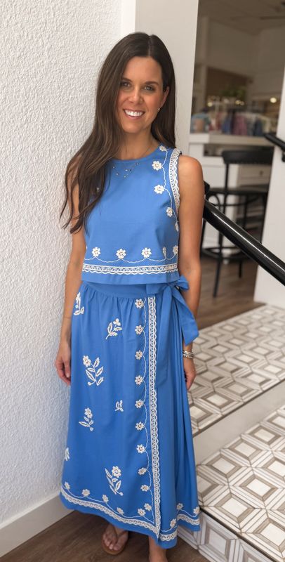 Cornflower Blue Embroidered Midi Skirt Set