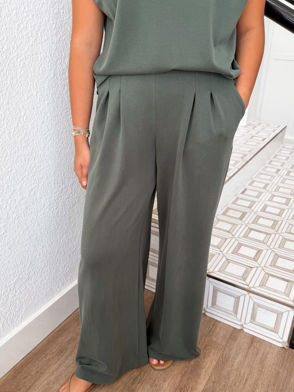 Forest Green Pleated Wide Leg Pants