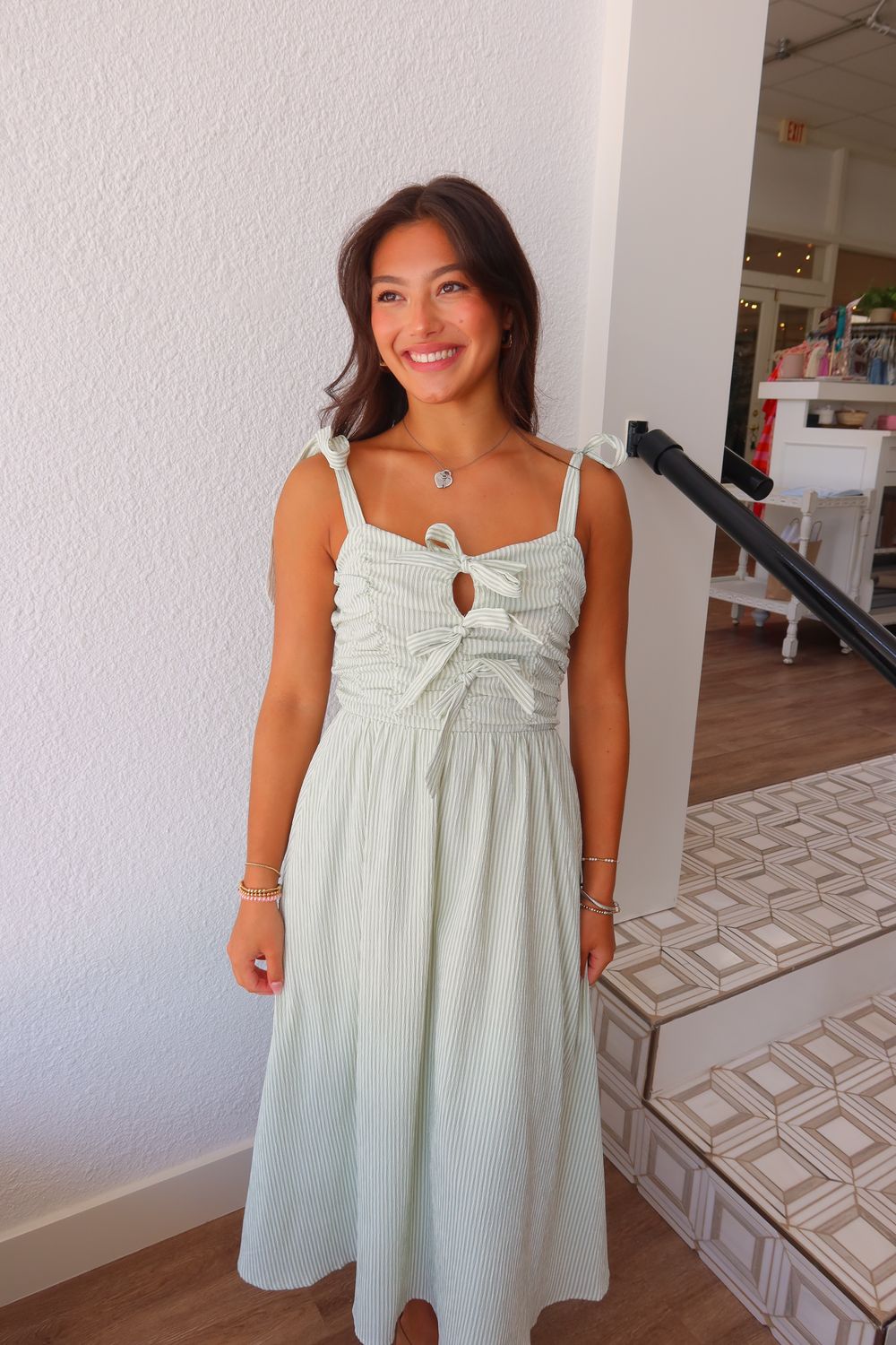See Me Stripe Bow Midi Dress