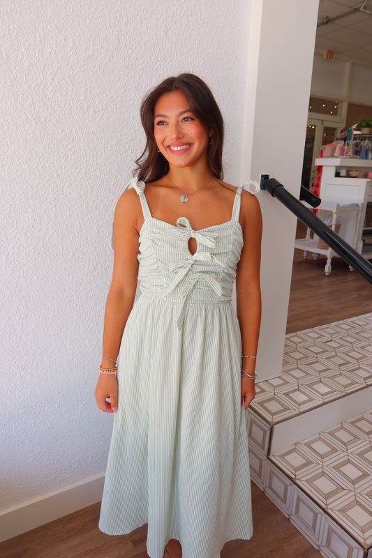 See Me Stripe Bow Midi Dress