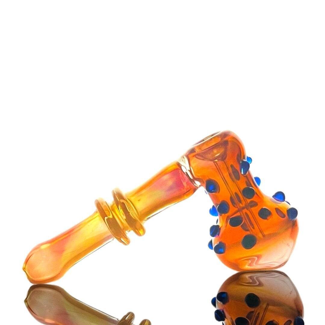 6.5&quot; Hammer Bubbler Rose Gold Fume Glass with Blue Dots Art