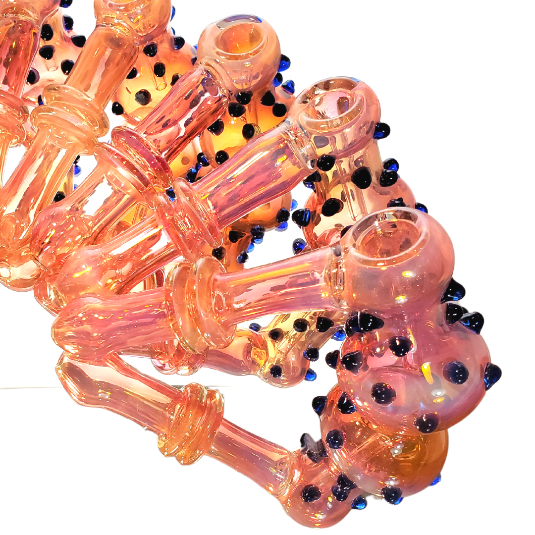 6.5" Hammer Bubbler Rose Gold Fume Glass with Blue Dots Art