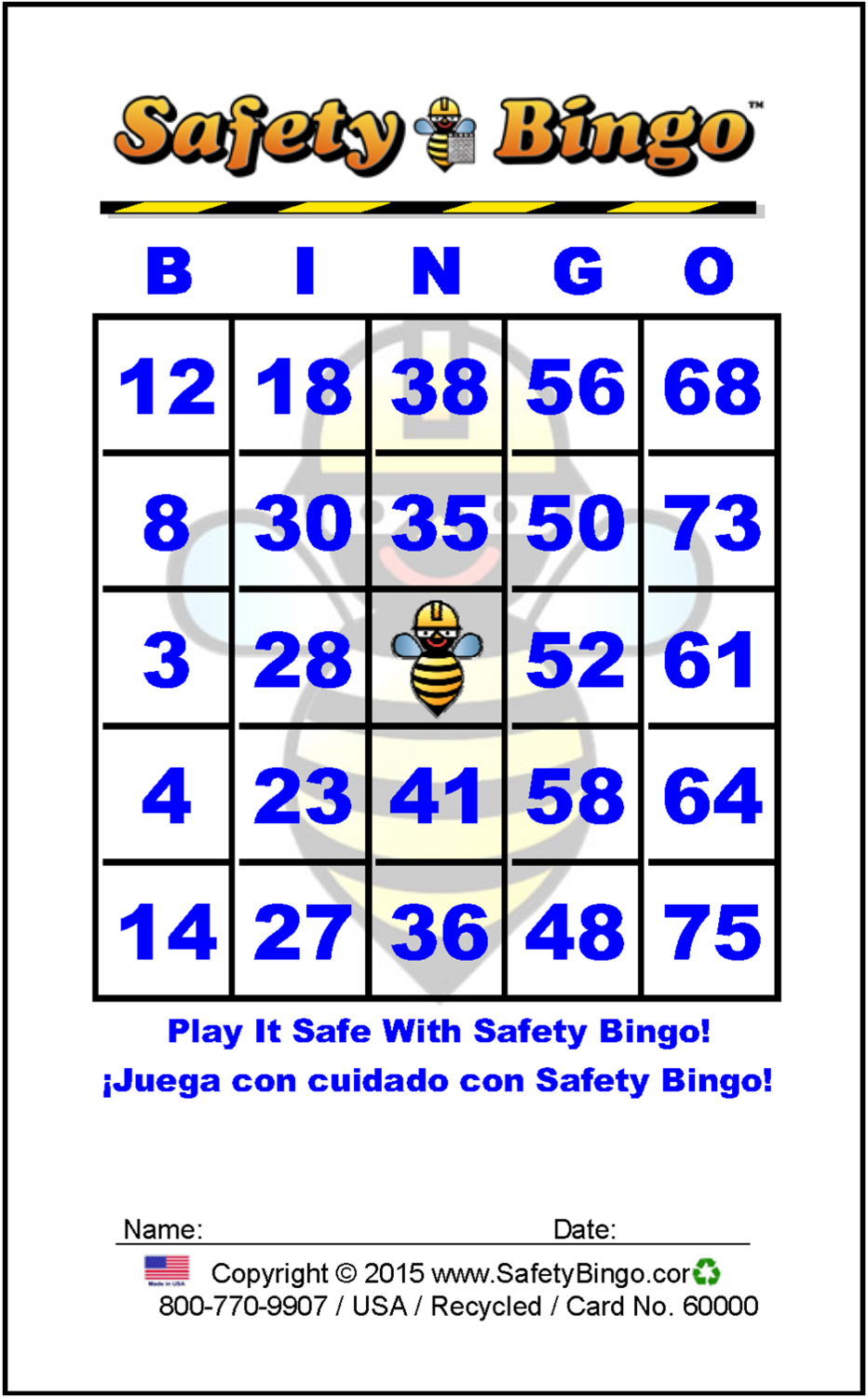 Color 2x3 Spanish SAFETY BINGO Cards (Pack of 100)