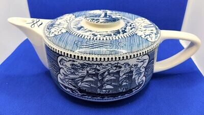  Currier and Ives Teapot Ship & Lighthouse Blue White Vintage Royal China