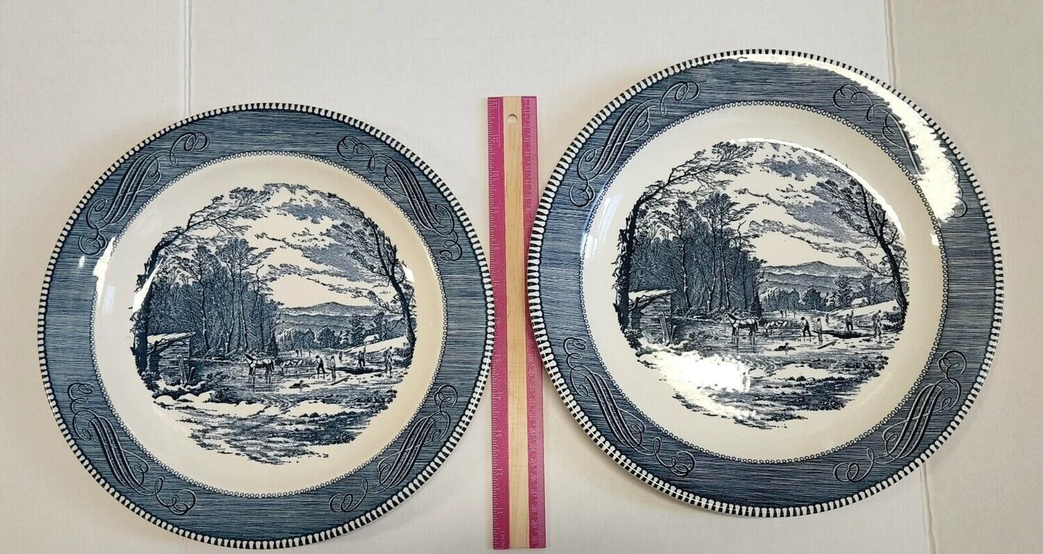 Currier and Ives 12” in. and 11 ¼” in. Round Serving Plate Plater Harvesting Ice